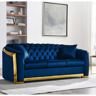Velvet Luxury Chesterfield Sofa Set Tufted 3 Seat Couch with Gold Stainless Navy Blue Everly Quinn